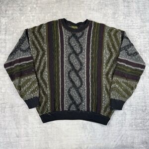 Tosani Canada Sweater Mens XL Green Geometric 3D Knit Vtg 90s Hip Hop Biggie Dad